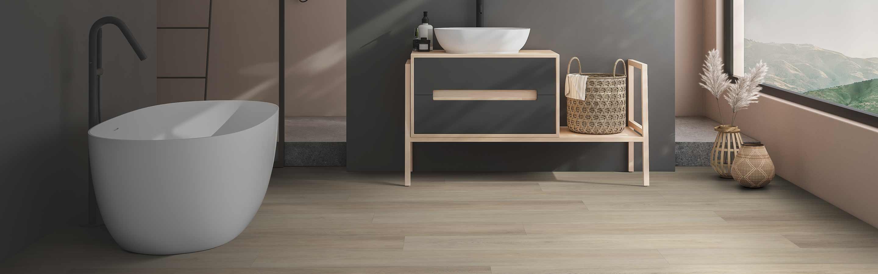 Luxury vinyl flooring in bathroom white tub