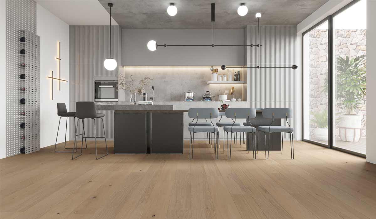 Hardwood floors kitchen grey chairs tile backsplash 